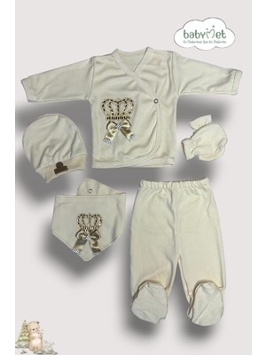 Babymet %100 Organik Pamuk 5 Parça Yenidoğan Hastane Çıkış Seti – Kral Taç Nakışlı Doğal