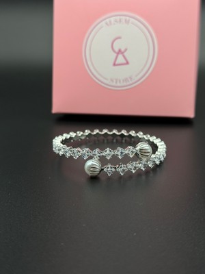 Alsem Gümüş Swarovski Taşlı Elmas Kesim Bileklik , 18 Ayar Gold Kaplama Inci Detaylı Kadın Bilekliği