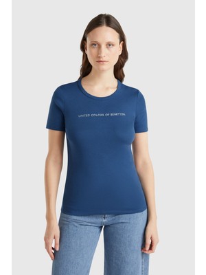 United Colors Of Benetton Mavi Kadın / Kız KDN_%100 Koton Benetton Yazılı Basic T-Shirt Model Kodu: ( 3GA2E16A2217)