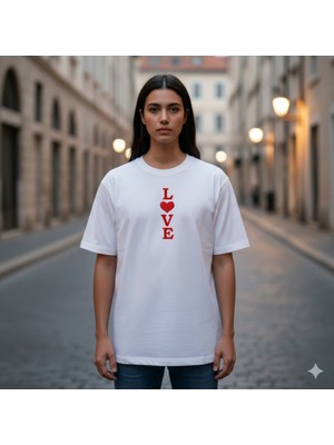 Etoile Studio Unisex %100 Pamuklu Oversize Grafik Baskılı Bisiklet Yaka Tişört Sevgili Kombini Love