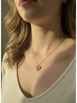 Kokoş Çelik Kolye Taş Detay Pembe Kalpli