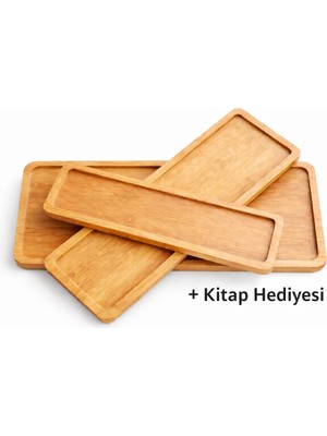 [kalemkitaphome] 3’lü Doğal Bambu Ahşap Sunum Tepsisi Seti + Sürpriz Kitap Hediyesi