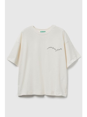 United Colors Of Benetton Ekru Kadın / Kız KDN_%100 Pamuk Göğsü Yazı Baskılı Bisiklet Yaka T-Shirt Model Kodu: ( 35P5D10AR0R2)