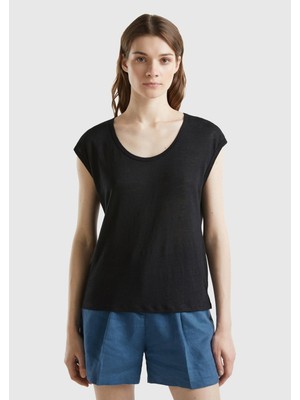 United Colors Of Benetton Siyah Kadın / Kız BN_%100 Keten Rahat Kalıp Geniş Bisiklet Yaka Kolsuz T-Shirt Model Kodu: ( 3KGQE16B1100)