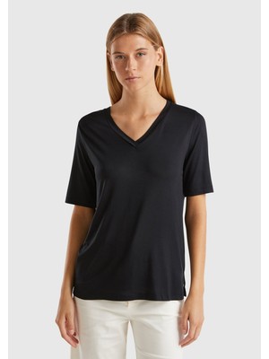 United Colors Of Benetton Siyah Kadın / Kız Bn_viskoz Karışımlı V Yaka T-Shirt Model Kodu: ( 3Z12D401G100)