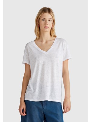 United Colors Of Benetton Beyaz Kadın / Kız KDN_%100 Keten Düşük Omuzlu Relax Fit V Yaka T-Shirt Model Kodu: ( 37UJD401Q101)