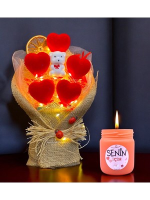 Özbience Renkli LED Işıklı Kardan Adam ve Kahve Ayıcık Buketi Yılbaşı Hediye Seti