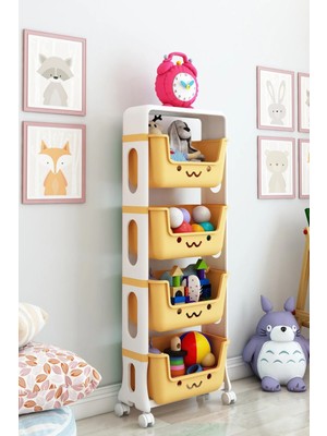 Dekozum Jerry 4 Katlı Oyuncak Dolabı, Oyuncak Organizeri, Sepetli Oyuncak Dolabı Sarı