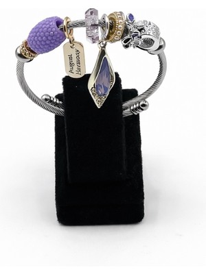 Pangu Mor Taş ve Damla Detaylı Gümüş Renk Çelik Charm Bileklik