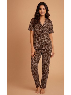 Kısa Kol Leopar Kadın Pijama Takımı