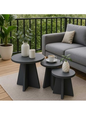 Dekozum Lotus 3 Lü Mantar Zigon Sehpa Sehpa Takımı Yan Sehpa Orta Sehpa Antrasit