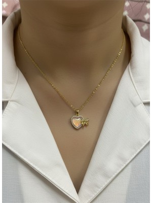 Kokoş Pembe Kalp Fiyonk Detaylı Pinterest Kolye