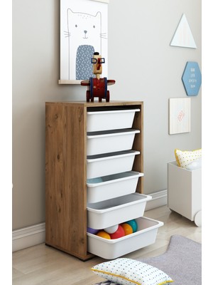 Dekozum Kids Modern Tasarımlı 6 Sepetli Oyuncak Dolabı Organizer Çam - Beyaz 122 x 30 x 45 cm