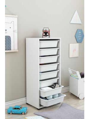 Dekozum Beyaz 8 Sepetli Çok Amaçlı Dolap, Mutfak Dolabı, Çocuk Oyuncak Dolabı, Oyuncak Organizer