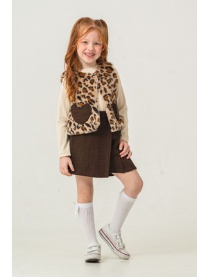 Miniğimin Cicileri Leopar Kürklü Kalp Detaylı Kız Çocuk 2 Lü Takım - Kahverengi