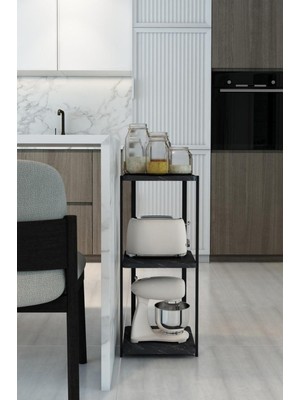 Dekozum Menekşe 3 Raflı Mutfak Rafı Dekoratif Çok Amaçlı Raf Siyah Mermer