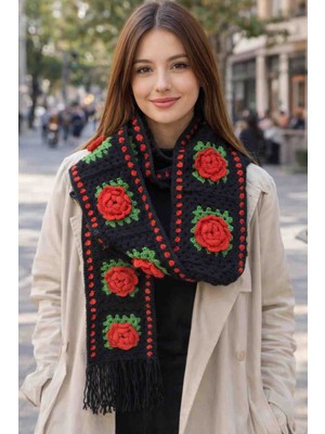 Megahan Boutique Megahan Siyah El Orgu Tig Isi Kirmizi Güllü Atki Eldiven Takim,sevgililer Günü,