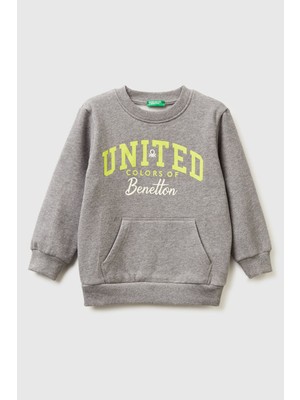 United Colors Of Benetton Antrasit Melanj Erkek Ek_önü Logo Baskılı Cepli Bisiklet Yaka Regular Fit Sweatshirt Model Kodu: ( 3EB5G10KS507)