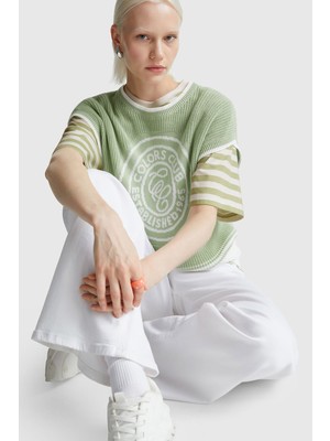 United Colors Of Benetton Toz Mavi Kadın / Kız KDN_%100 Pamuk Kalın Çizgili Yırtmaçlı Yarım Kol T-Shirt Model Kodu: ( 34N1D10AO63B)