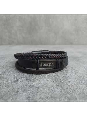 Vaoov 3 Sıra Kişiye Özel Isimli Mıknatıslı Kahverengi Siyah Deri Bileklik