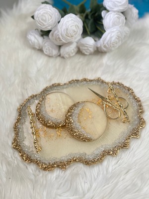 Epoksi Tepsi Gold Detaylı Lüx Nişan Tepsi Seti