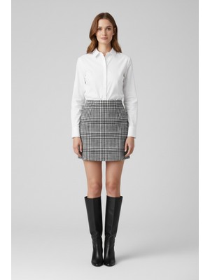 AS Anita Store Siyah Beyaz Ekoseli  Yüksek Bel A Kesim Klasik Tweed Görünümlü Mini Etek