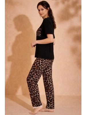 Siyah Leoparlı Kadın Pijama Takımı