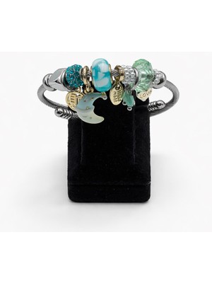 Pangu Turkuaz Taşlı ve Ay Figürlü Gümüş Renk Çelik Charm Bileklik