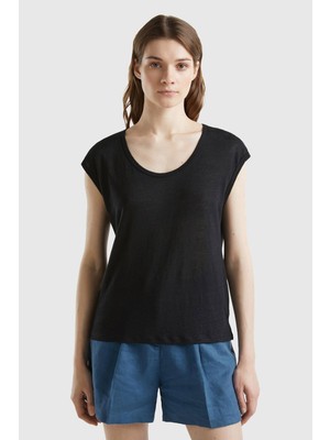 United Colors Of Benetton Siyah Kadın / Kız BN_%100 Keten Rahat Kalıp Geniş Bisiklet Yaka Kolsuz T-Shirt Model Kodu: ( 124P3KGQE16B1100)