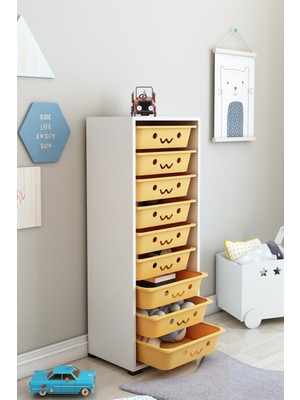 Dekozum Kids Gülen Yüzlü 9 Sepetli Dolap Oyuncak Dolabı Çok Amaçlı Mutfak Banyo Kiler Dolabı Beyaz Sarı