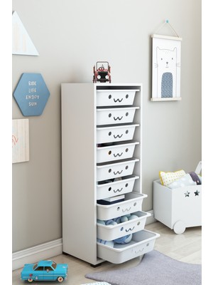 Dekozum Kids Çok Amaçlı 9 Sepetli Oyuncak Dolabı Beyaz Modern Tasarım 122 cm Yükseklik