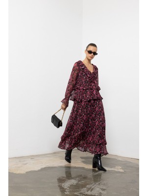 Ayshan V Yaka Fırfır Detaylı Çiçek Desenli Şifon Maxi Elbise