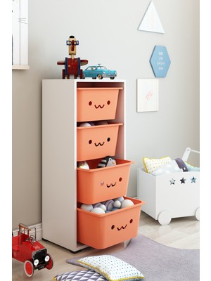 Dekozum Kids 4 Large Güleryüz Sepetli Oyuncak Dolabı Oyuncak Kutusu Box Beyaz -Turuncu