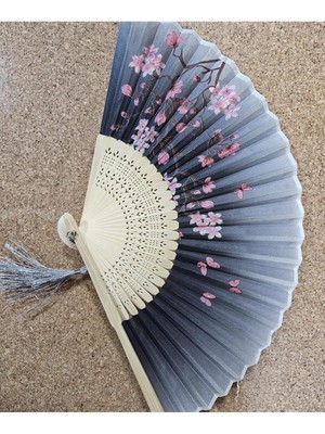 Özbience Serinletici Bambu Kumaş Vintage Gri Japon Yelpaze, Dekoratif ve Püsküllü