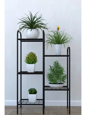 Dekozum Dekoratif Amaçlı 5 Raflı Metal Ayaklı Basamak Saksı Rafı Saksılık Çiçeklik  - Siyah