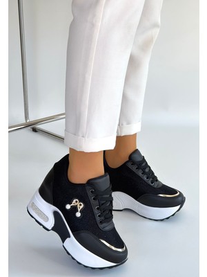 Alfaze Simli Beyaz Tabanlı Ortopedik Topuk Dikenine Karşı Özel Üretim Bağcıklı Spor Ayakkabı Siyah Topuk Boyu 7 cm