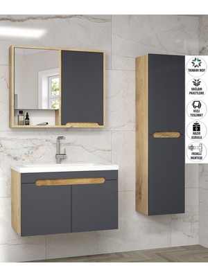 Alfa Banyo Santi (80+35) 115 cm Komple Mdf, Lavabolu Boy Dolaplı Banyo Dolabı Seti-Hazır Kurulu