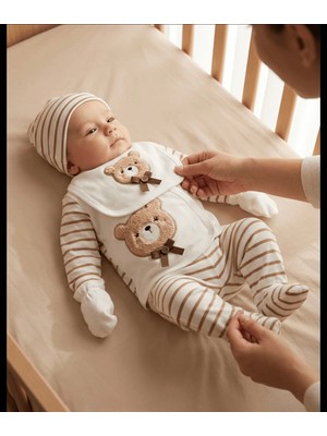 Aki Moda Kids Aki Moda Kıds Ayıcık Nakışlı 5’li Yenidoğan Bebek Hastane Çıkışı Seti – Krem Kahve Çizgil