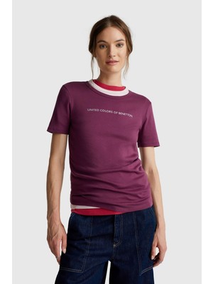 United Colors Of Benetton Mürdüm Kadın / Kız KDN_%100 Koton Benetton Yazılı Basic T-Shirt Model Kodu: ( 3GA2E16A2MÜRDÜM)