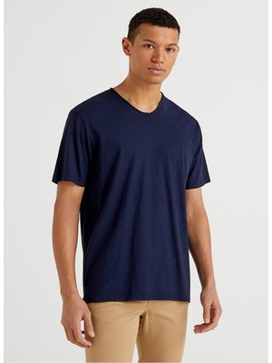 United Colors Of Benetton Lacivert Kadın / Kız Erk_v Yaka Slub T-Shirt Model Kodu: ( 3JE1J4264016)