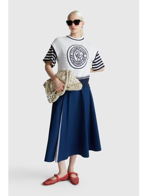 United Colors Of Benetton Toz Pembe Kadın / Kız KDN_%100 Pamuk Kalın Çizgili Yırtmaçlı Yarım Kol T-Shirt Model Kodu: ( 34N1D10AO63A)