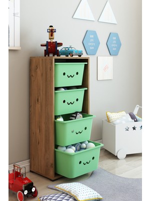 Dekozum Kids 4 Large Güleryüz Sepetli Oyuncak Dolabı Oyuncak Kutusu Box Çam-Yeşil