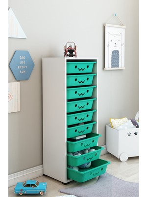 Dekozum Kids Gülen Yüzlü 9 Sepetli Dolap Oyuncak Dolabı Çok Amaçlı Mutfak Banyo Kiler Dolabı Beyaz Turkuaz