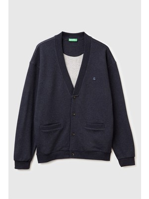 United Colors Of Benetton Lacivert Erkek ERK_%100 Pamuk Logo Işlemeli Cep Detaylı Düğmeli Hırka Model Kodu: ( 30M3U600573C)