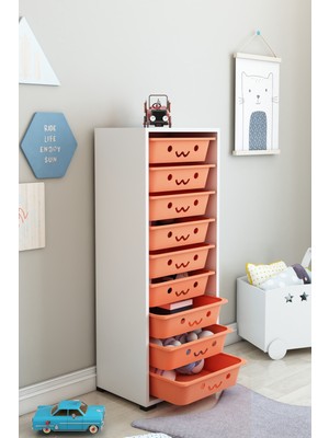 Dekozum Kids Gülen Yüzlü 9 Sepetli Dolap Oyuncak Dolabı Çok Amaçlı Mutfak Banyo Kiler Dolabı Beyaz Turuncu
