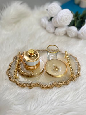 Epoksi Tepsi Gold Detaylı Lüx Damat Tepsi Seti