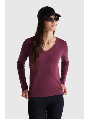 United Colors Of Benetton Mürdüm Kadın / Kız Bn_basic V Yaka Uzun Kollu T-Shirt Model Kodu: ( 3GA2E4245MÜRDÜM)
