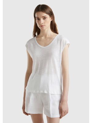United Colors Of Benetton Beyaz Kadın / Kız BN_%100 Keten Rahat Kalıp Geniş Bisiklet Yaka Kolsuz T-Shirt Model Kodu: ( 3KGQE16B1101)