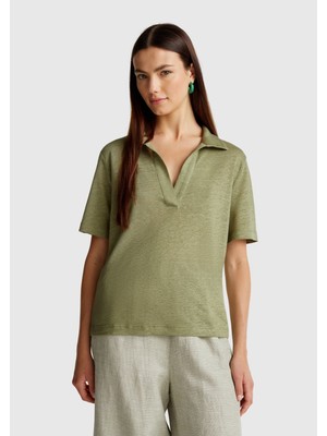 United Colors Of Benetton Adaçayı Yeşili Kadın / Kız KDN_%100 Keten Polo Yaka T-Shirt Model Kodu: ( 37UJD300Y26K)