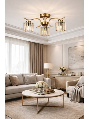 Esslight Miliç 3 Lü Eskitme Plafonyer Kristal Taşlı Salon Mutfak Yatak Odası Avize